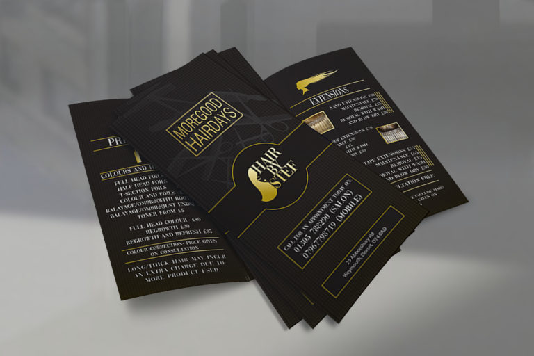 Trifold brochure design for a hair salon, featuring black background with gold text, highlighting services like hair extensions and pricing details.