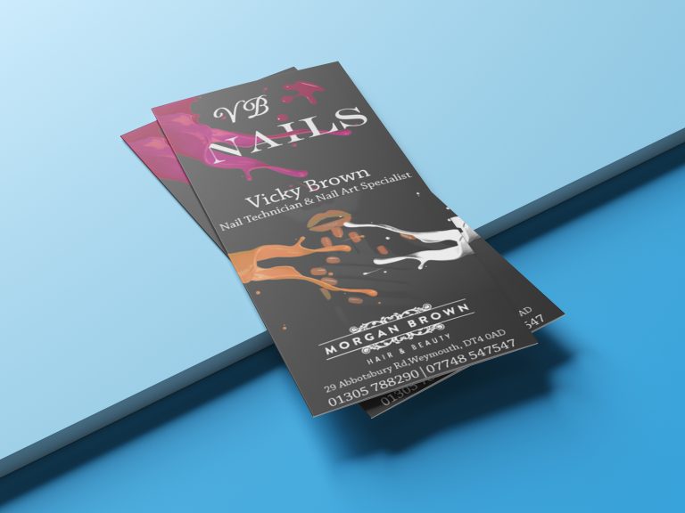 Nail technician business card for Vicky Brown, featuring colorful nail art design and contact details, set against a blue background, highlighting design and print expertise by Design-Showcase.